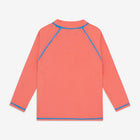 A red UV Protective Rash Vest with blue stitching. The long-sleeved top is shown from the back on a white background.